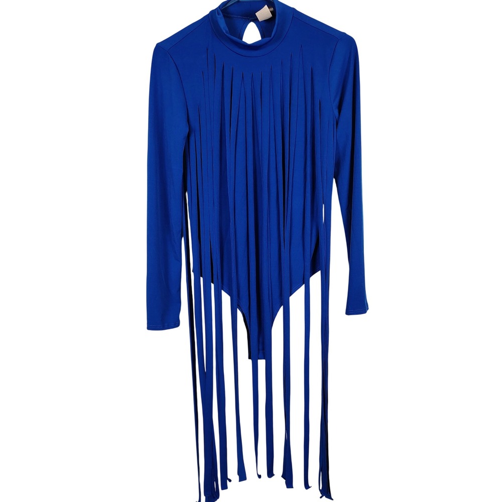 Womens M Fringe Mock Neck Bodysuit Blue Long Sleeve Festival Y2K rave clubwear